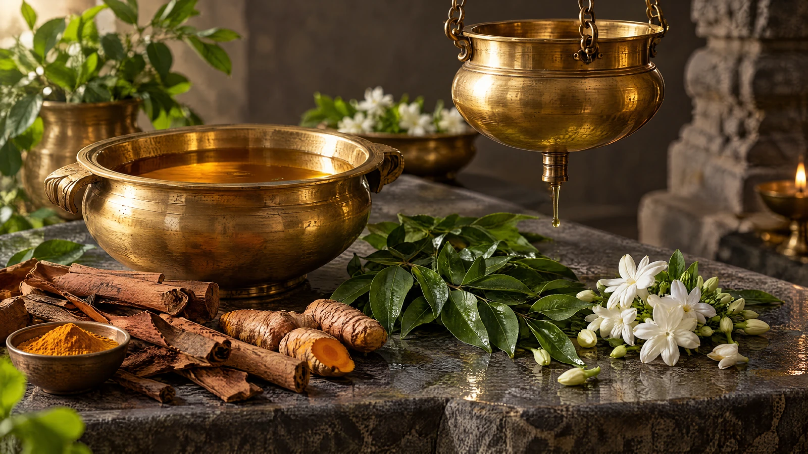 An Ayurvedic ritual: warm oil in brass, cinnamon, turmeric, curry leaves and jasmine