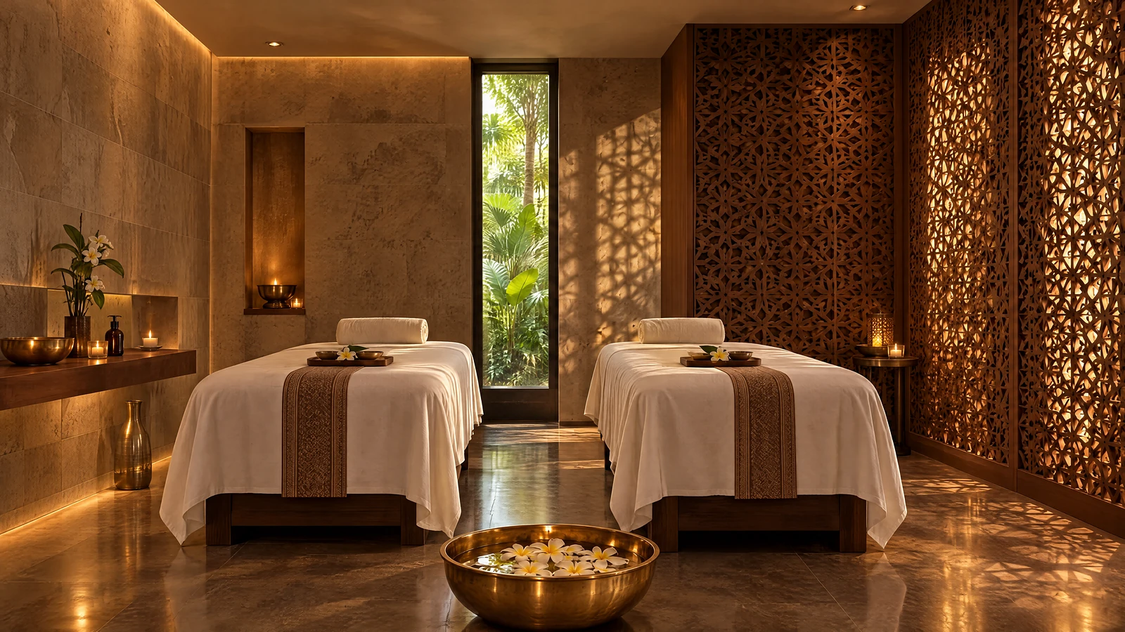 A treatment room at Cabochon, the spa: two beds, honed stone, a jali screen and a bowl of frangipani