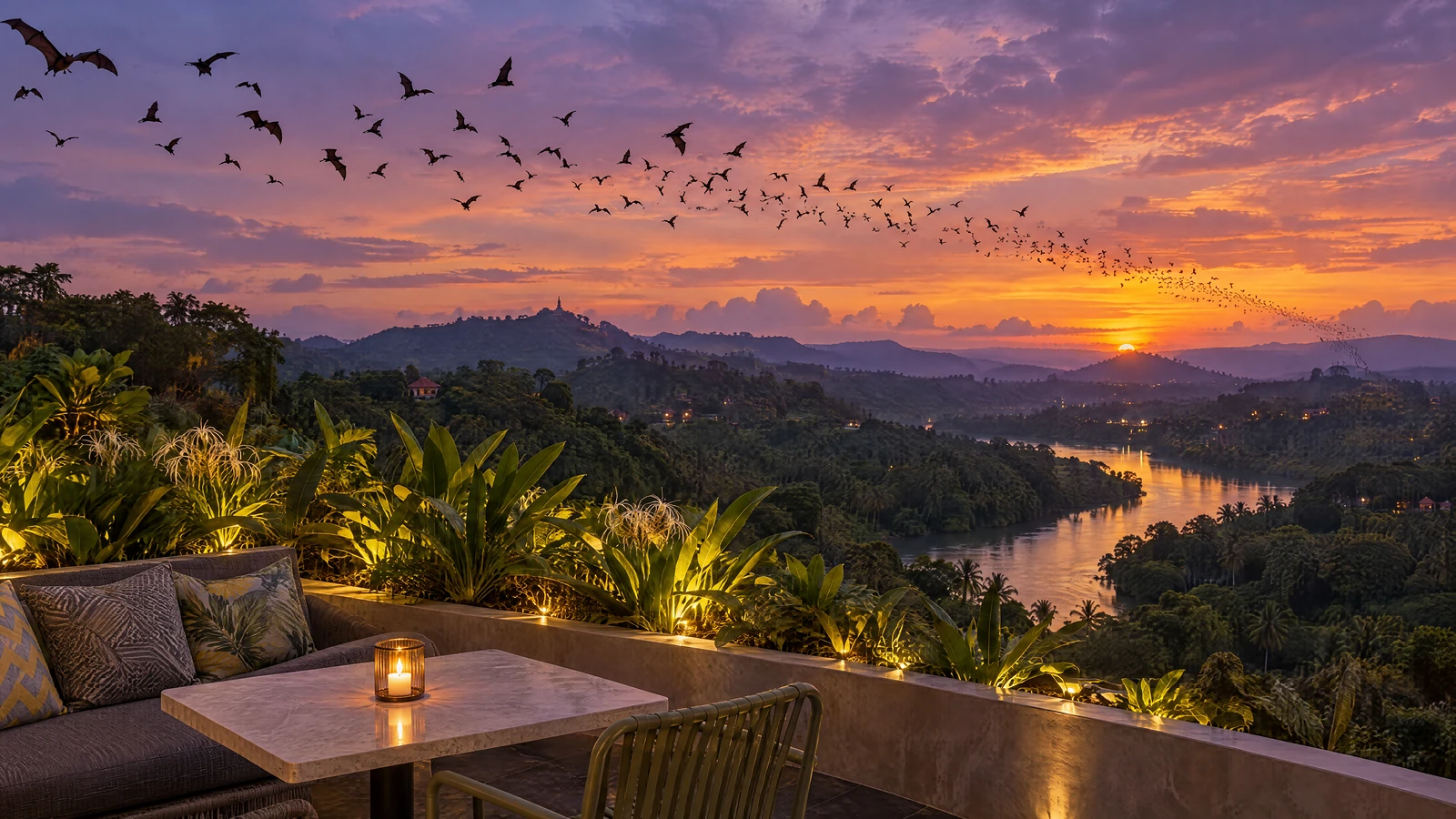Dusk from Crown: fruit bats crossing the sky above the river valley