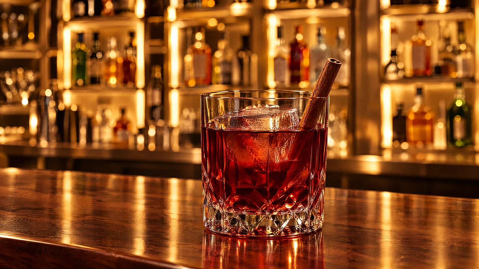 A ruby cocktail with a cinnamon quill on the walnut bar, brass-lit bottles behind