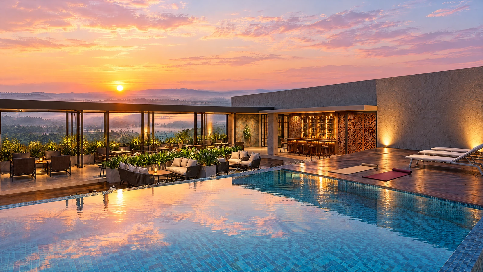 First light on Crown: yoga mats on the deck beside the infinity pool, the sun rising over the valley