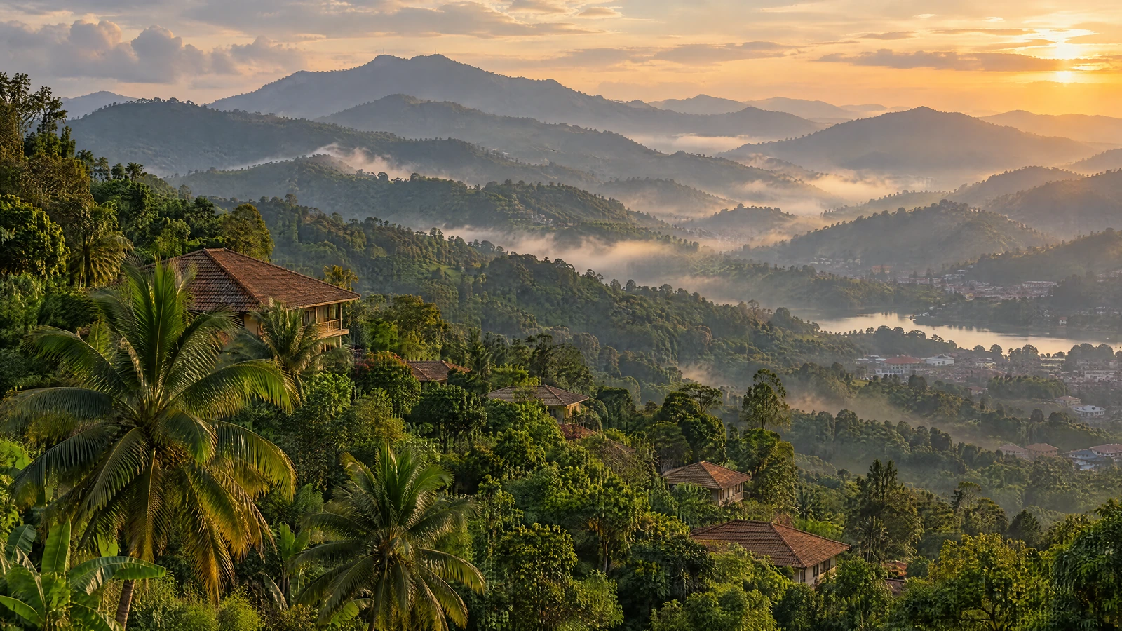 The hill country around Kandy: green ridges, rolling mist and tiled roofs among the palms