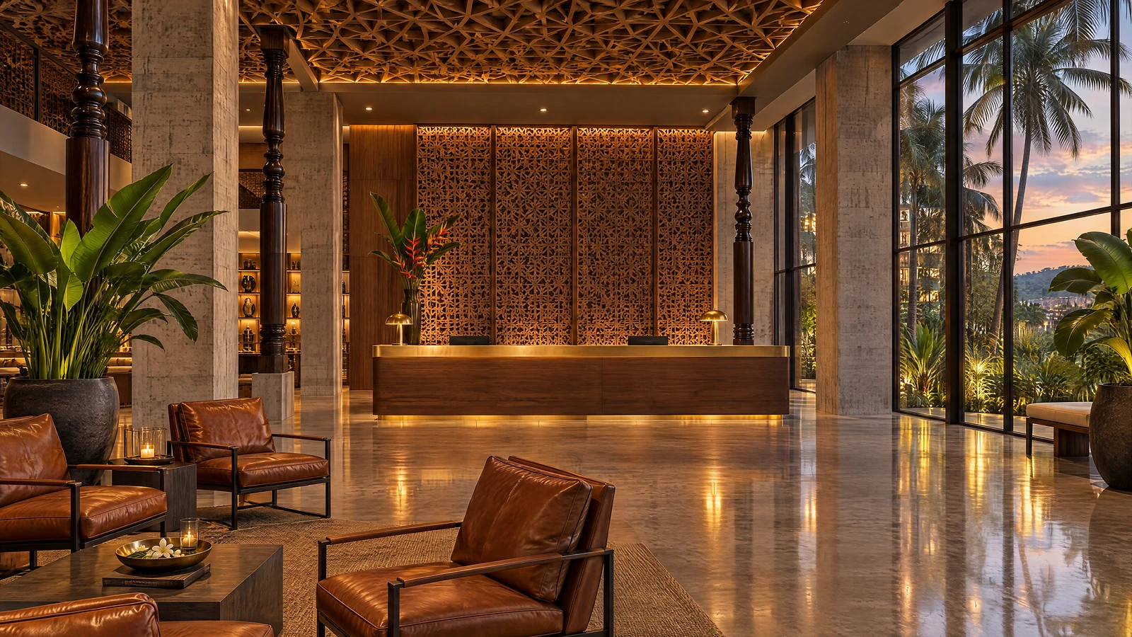 The lobby at Garnet: walnut reception, jali screens, leather armchairs and palms through the glass