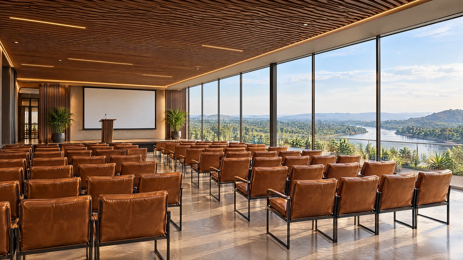Lustre set for a conference, leather chairs facing the screen and the river through the glass