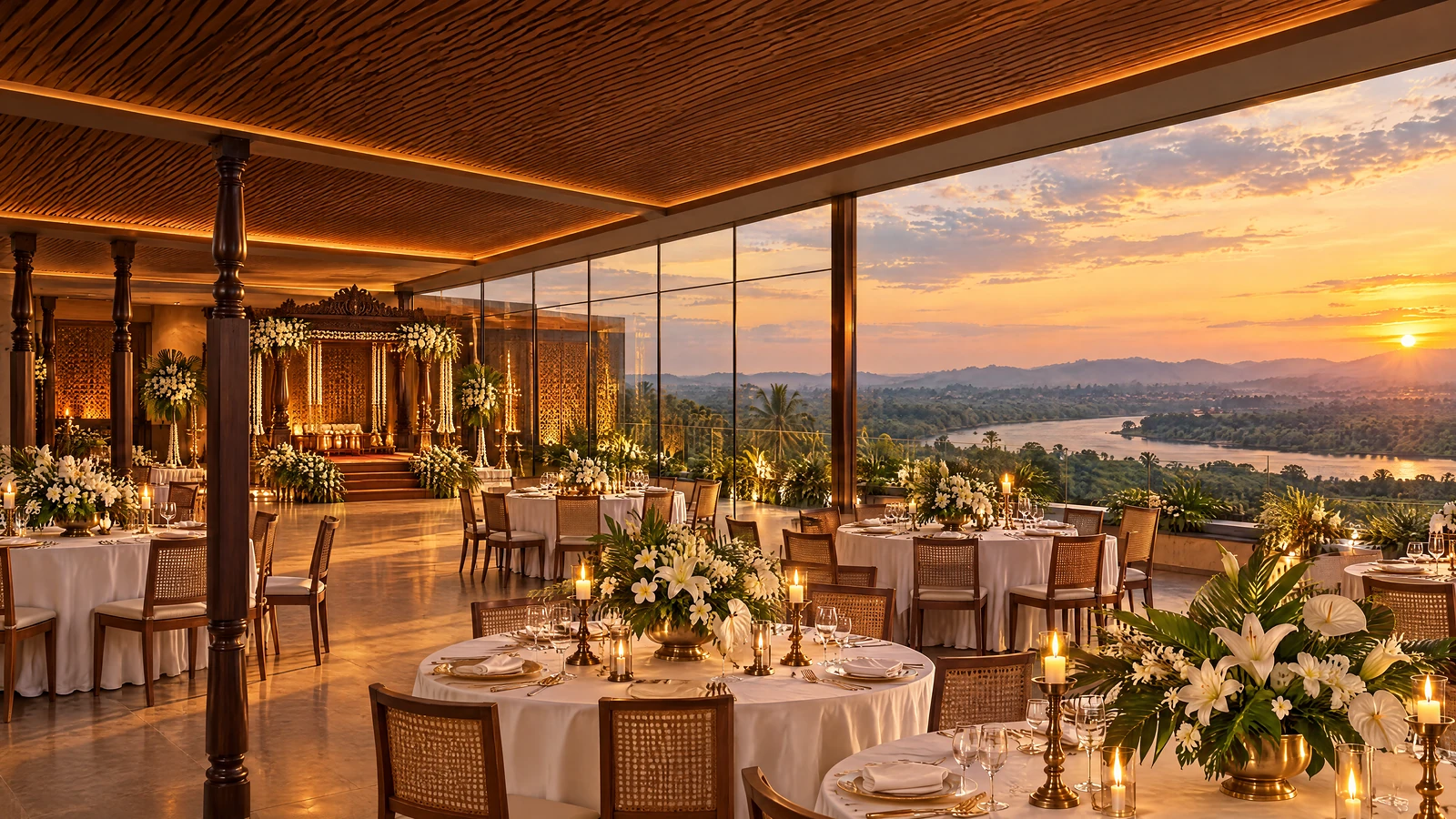 Lustre, the banquet hall, set for a wedding with a Kandyan poruwa and the river at sunset