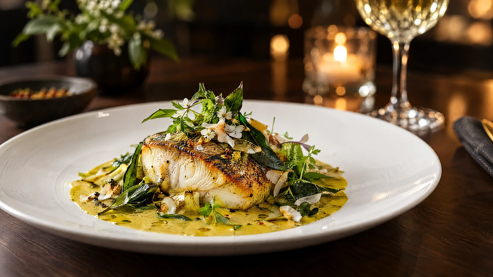 A plated dish at Pavilion: seared fish in curry-leaf and coconut sauce, by candlelight