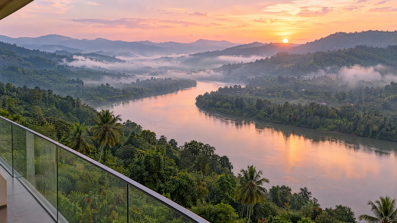 The Mahaweli at dawn from a high balcony, mist in the valley and the river turning pink