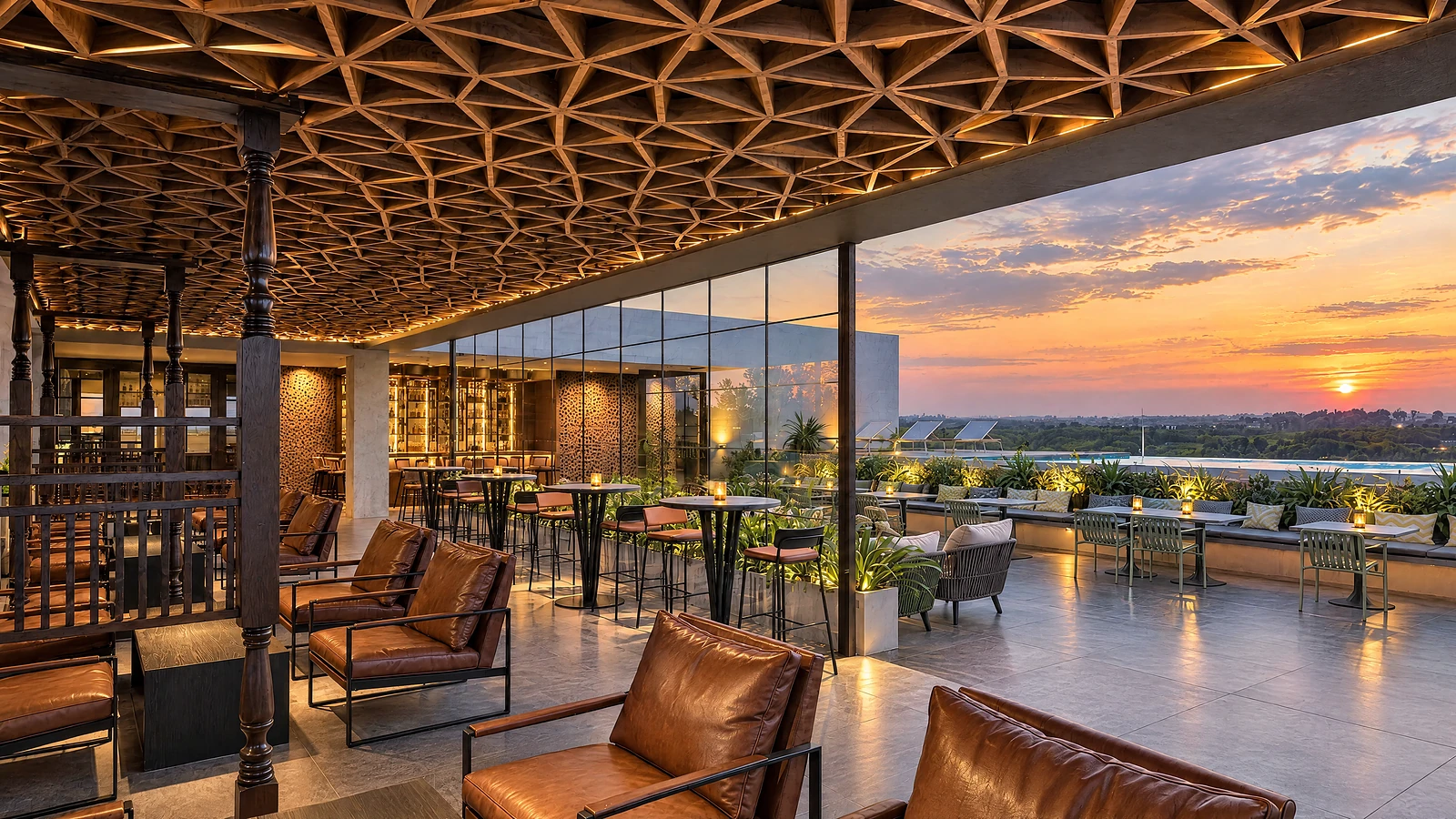 Crown, the rooftop bar at Garnet, under its brass lattice ceiling at sunset