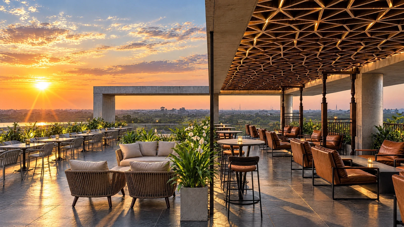 Rooftop lounge at Garnet at sunset, low chairs and cocktail tables under the lattice