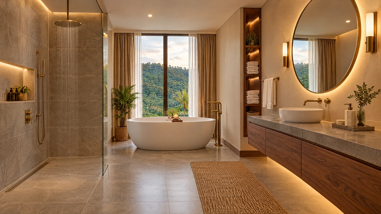 A suite bathroom: freestanding bath by a tall window, rain shower, walnut vanity with brass fittings