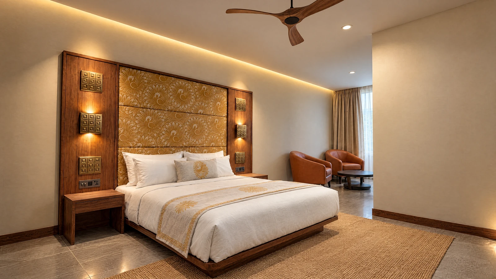 A Pyrope room seen from the door: peacock headboard and leather chairs by the window