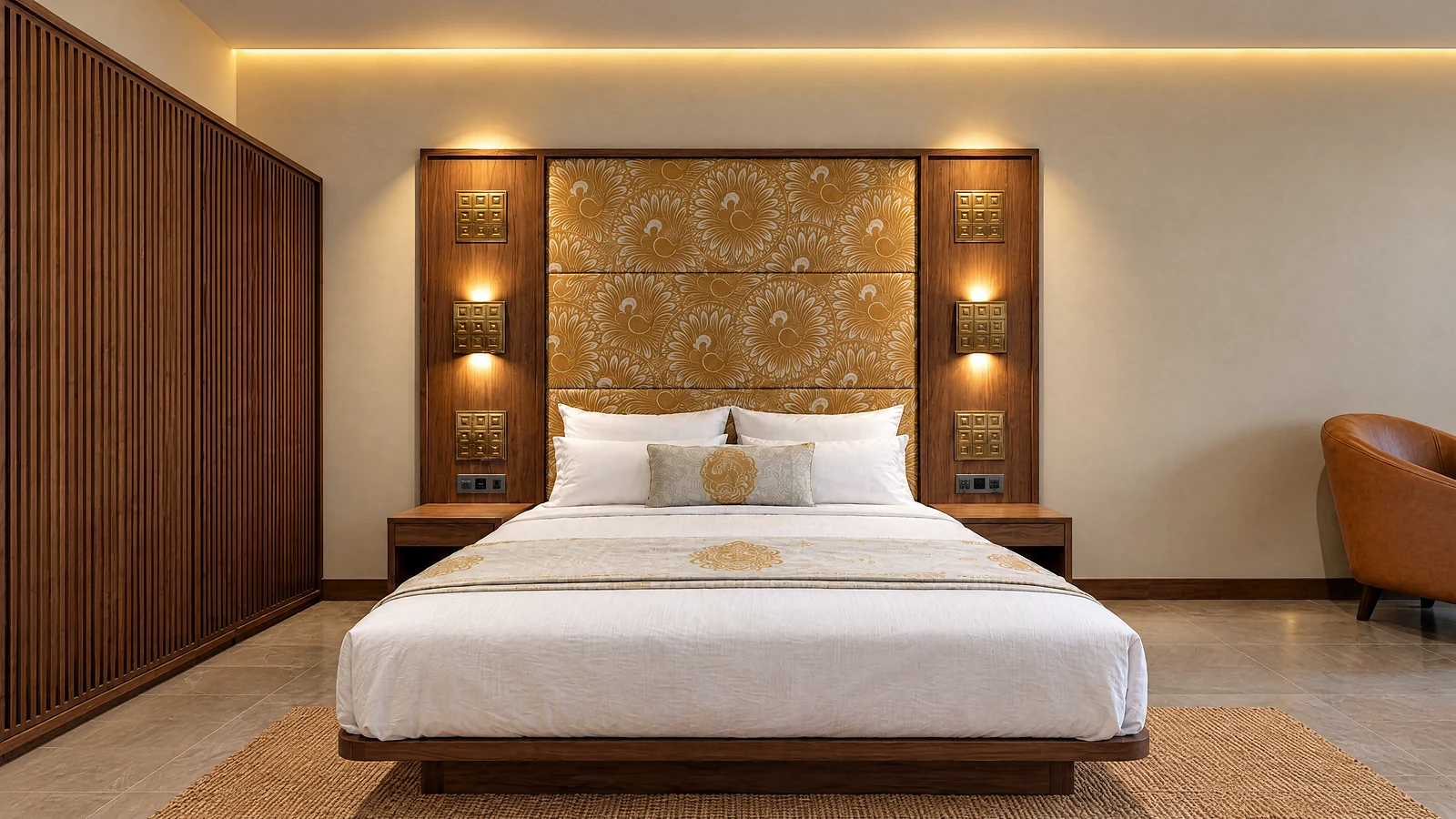 An Almandine room: double bed against a gold peacock headboard with brass sconces