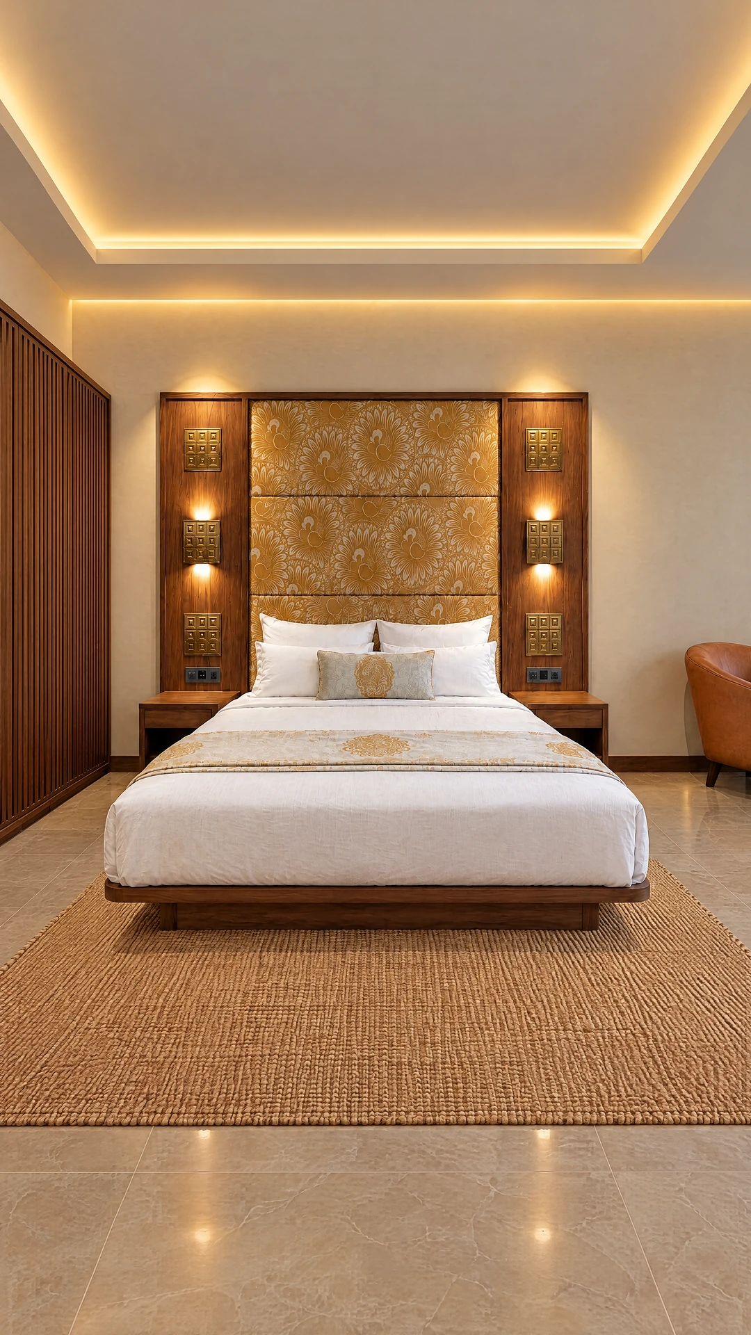 An Almandine room: double bed against a gold peacock headboard with brass sconces