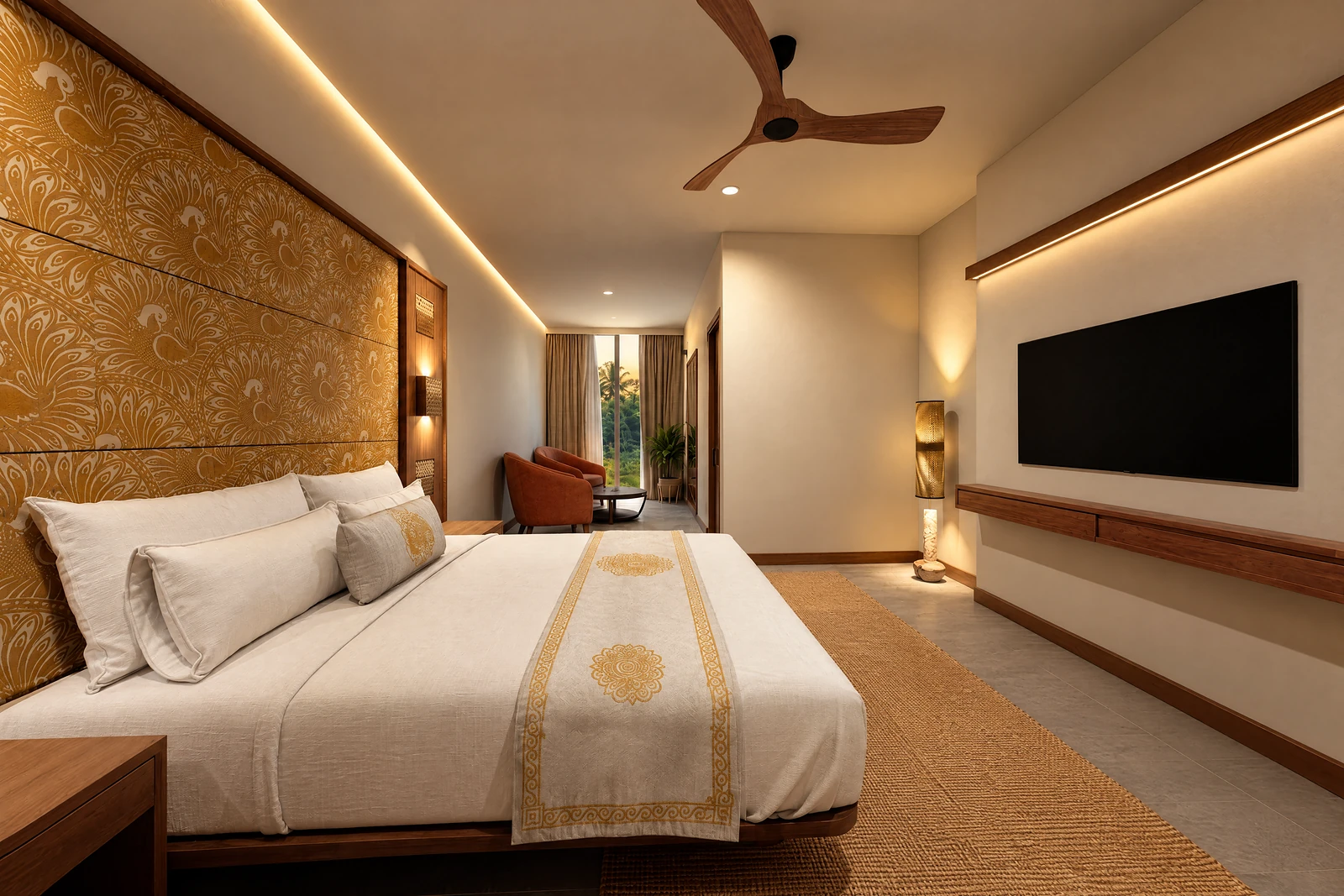 A Hessonite family room: the peacock headboard wall, walnut media console and jute rug