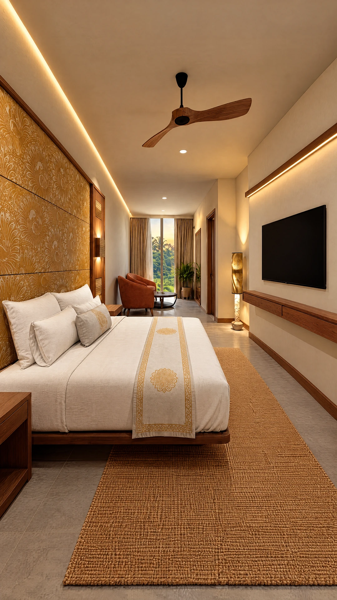 A Hessonite family room: the peacock headboard wall, walnut media console and jute rug