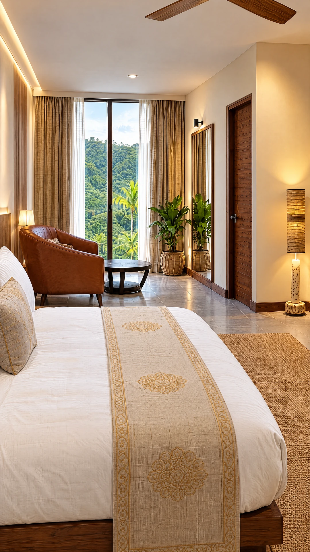 A Rhodolite suite: bed in the foreground, sitting area and full-height window on the valley