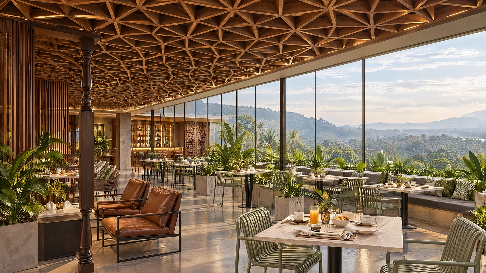 Table, the multi-cuisine restaurant, in morning light with the valley beyond the glass