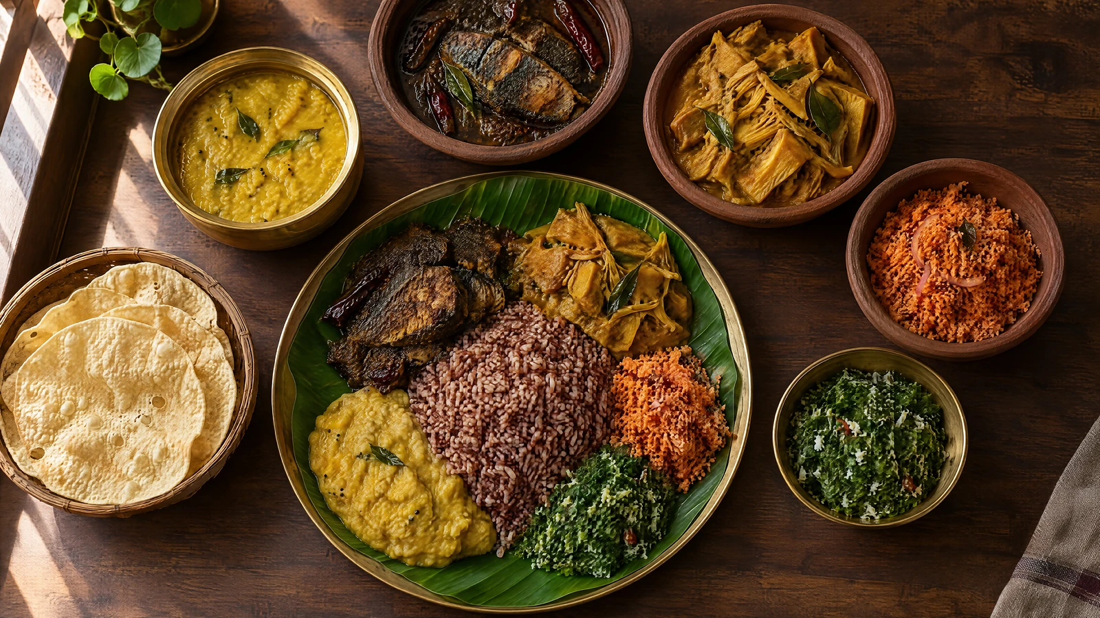 Sri Lankan rice and curry served in brass and clay on a walnut table